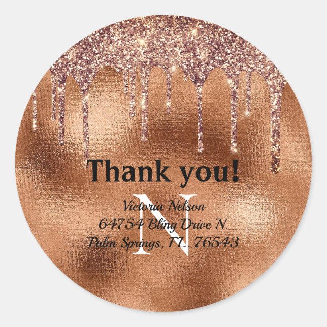 Copper Metallic Glitter Elegant Monogram Thank You Classic Round Sticker (Front)