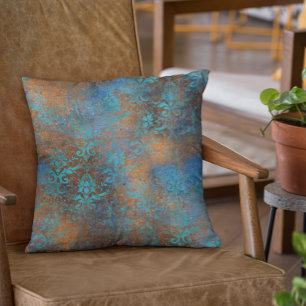 Copper Metallic Teal Patina Floral Blue Throw Pill Pillow