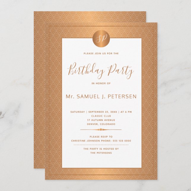 Copper Metallic White Monogram Birthday Party Invitation (Front/Back)