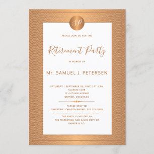 Copper Metallic White Monogram Retirement Party Invitation