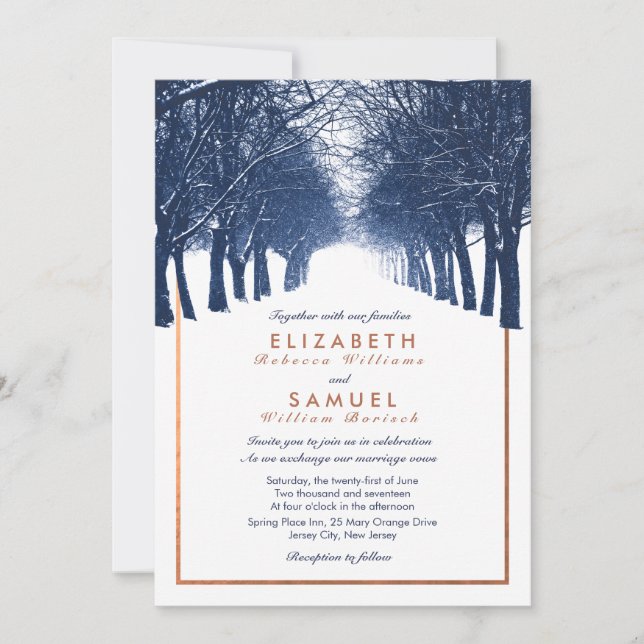 Copper Navy Winter Trees Avenue Wedding Invitation (Front)