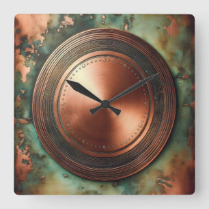 copper object and patina square wall clock