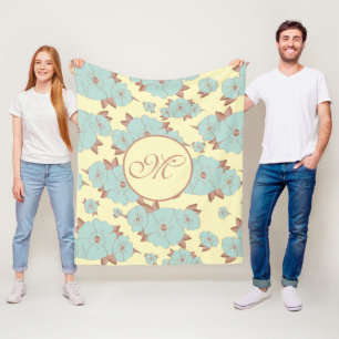Copper Pale Teal Floral on Pastel yellow Fleece Blanket