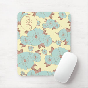 Copper Pale Teal Floral on Pastel yellow Mouse Pad