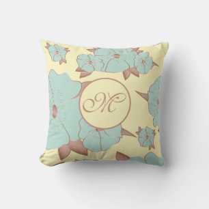 Copper Pale Teal Floral on Pastel yellow Throw Pillow