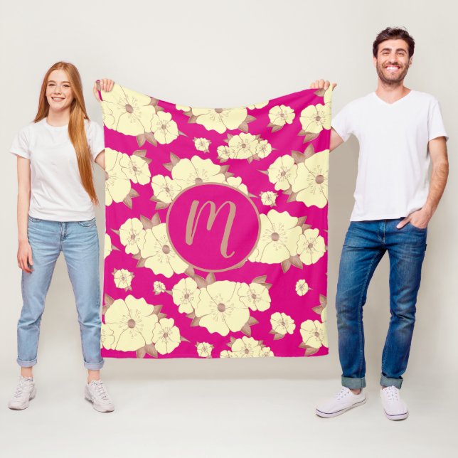 Copper Pastel Yellow Floral on Fuchsia background Fleece Blanket (In Situ)