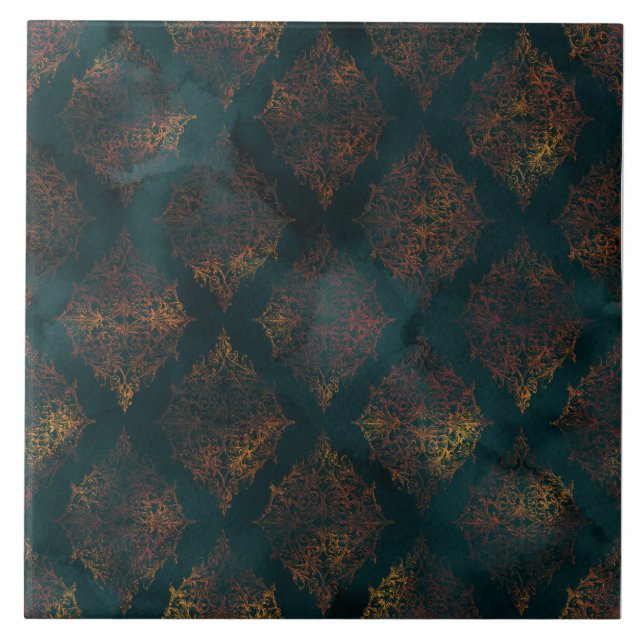 Copper Patina Damask Watercolor Pattern  Tile (Front)