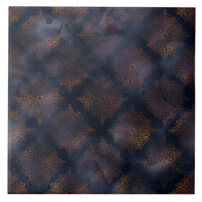 Copper Patina Damask Watercolor Pattern  Tile (Front)