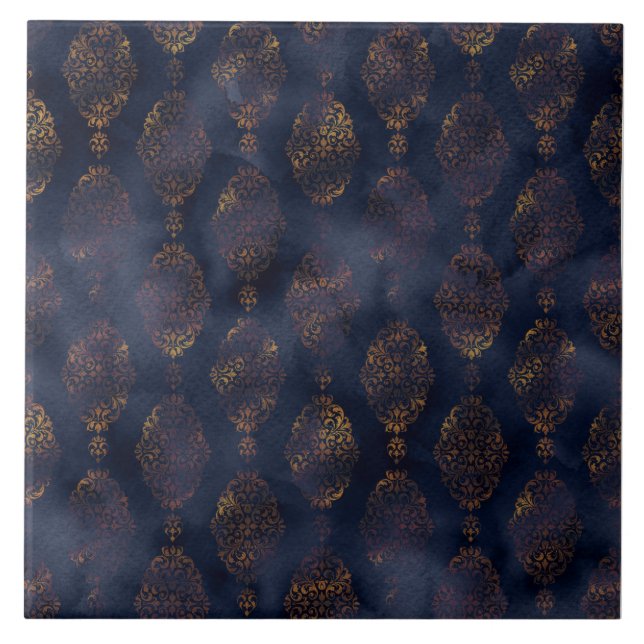 Copper Patina Damask Watercolor Pattern  Tile (Front)