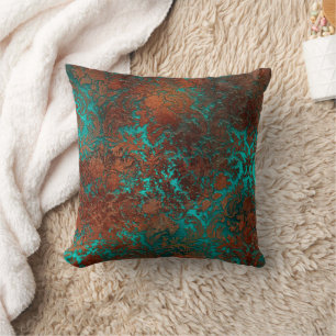 Copper Patina Rusted Damask  Throw Pillow