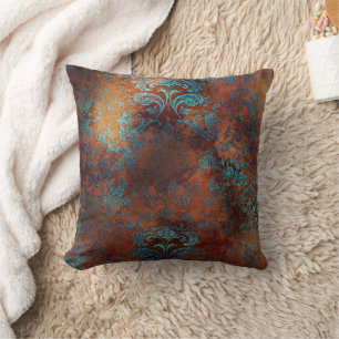 Copper Patina Rusted Damask  Throw Pillow