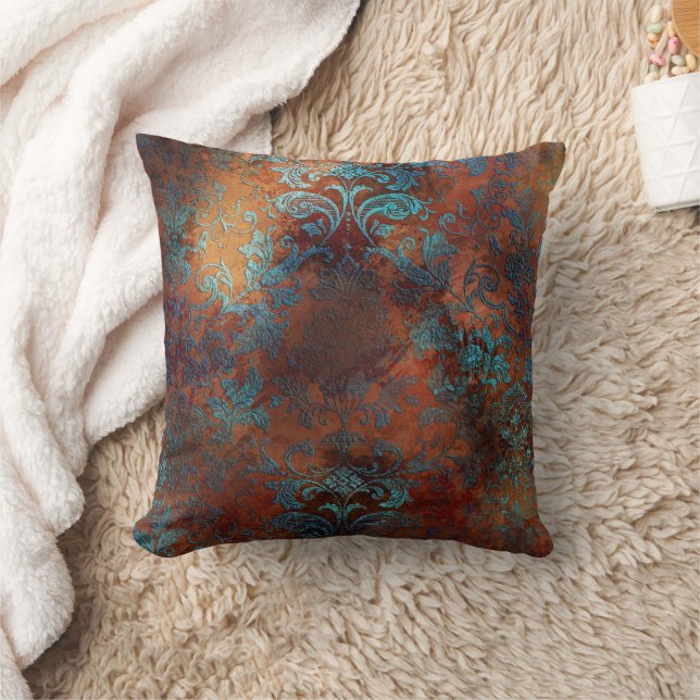 Copper Patina Rusted Damask  Throw Pillow (Blanket)