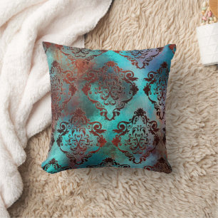 Copper Patina Rusted Damask  Throw Pillow
