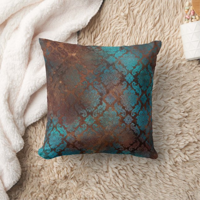 Copper Patina Rusted Damask  Throw Pillow (Blanket)
