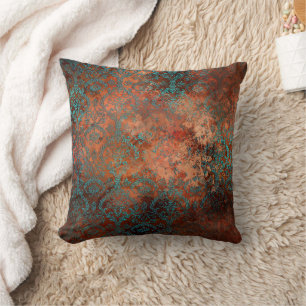 Copper Patina Rusted Damask Throw Pillow
