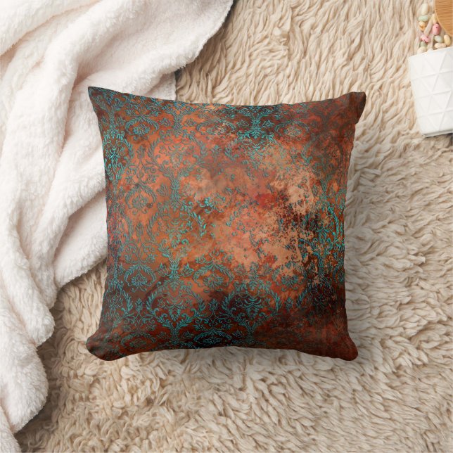 Copper Patina Rusted Damask  Throw Pillow (Blanket)