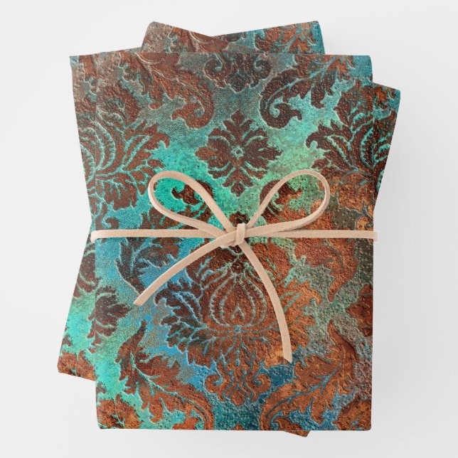 Copper Patina Rusted Damask  Wrapping Paper Sheet (In situ)