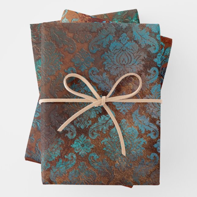 Copper Patina Rusted Damask  Wrapping Paper Sheet (In situ)