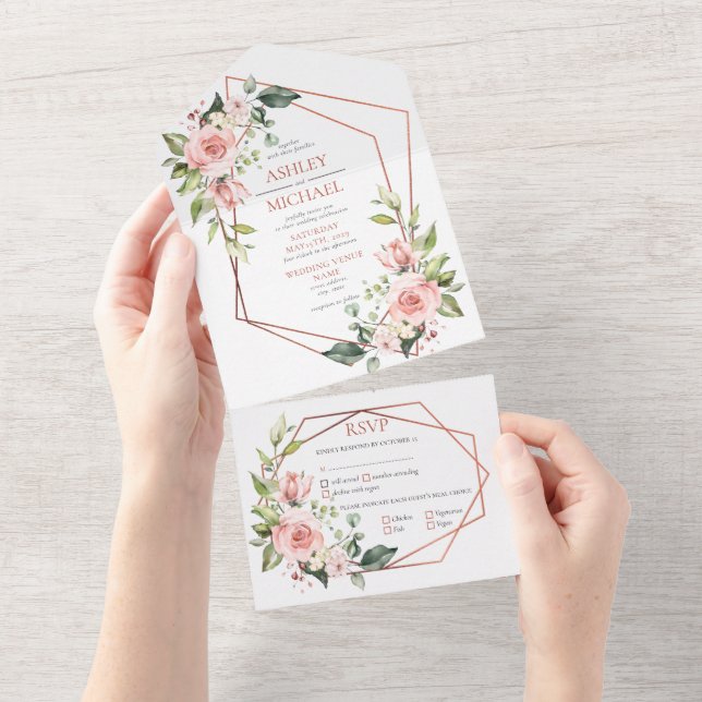 Copper Peach Pink Floral Eucalyptus Wedding All In One Invitation (Tearaway)