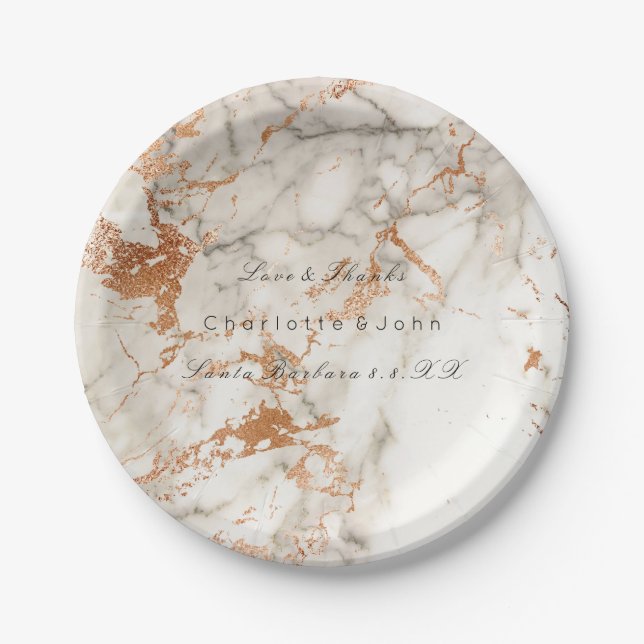 Copper Peach White Rose Gold Marble Wedding Vip Paper Plate (Front)