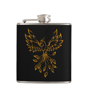 Copper Phoenix Rises on Black Hip Flask