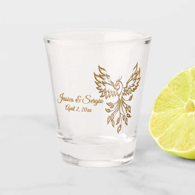 Copper Phoenix Rises on Black  Shot Glass (Front)