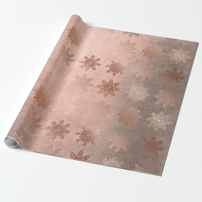 Copper rose gold Christmas snowflake pattern Wrapping Paper (Unrolled)