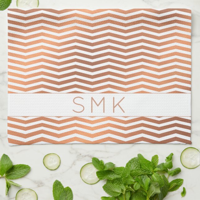 Copper Rose Gold Foil Chevron White Monogram Kitchen Towel (Folded)
