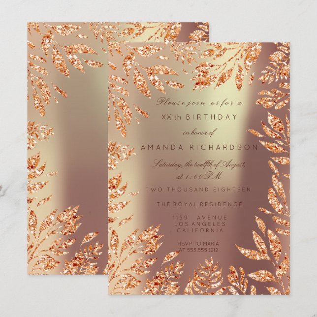 Copper Rose Gold Glitter Leafs Florals Framed Invitation (Front/Back)