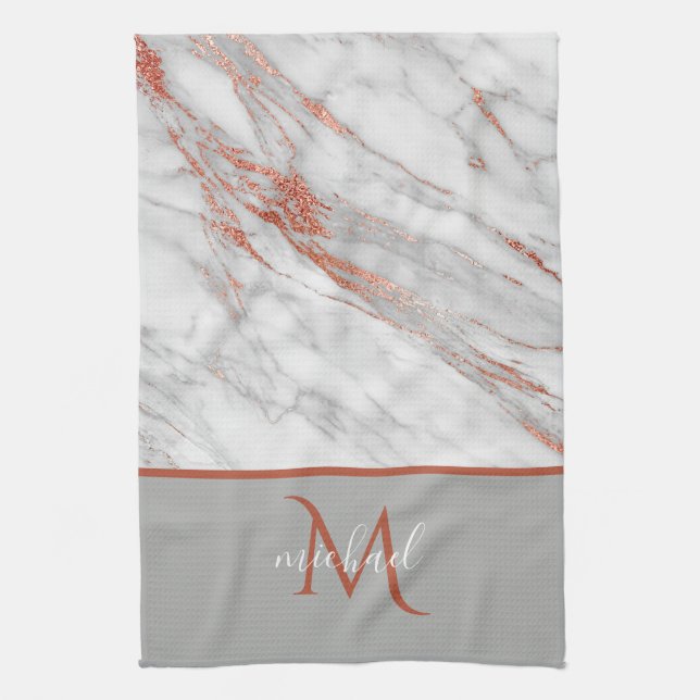 Copper Rose Gold & Grey Marble with Monogram   Kitchen Towel (Vertical)
