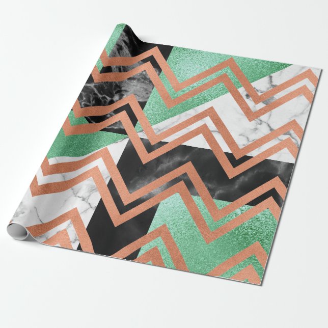 Copper Rose Gold Marble Carrara Chevron Black Mint Wrapping Paper (Unrolled)