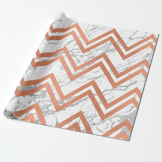 Copper Rose Gold Marble Zig Zag Chevron Grey White Wrapping Paper (Unrolled)