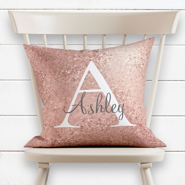 Copper Rose Gold Sparkle Monogram Name Throw Pillow (Creator Uploaded)