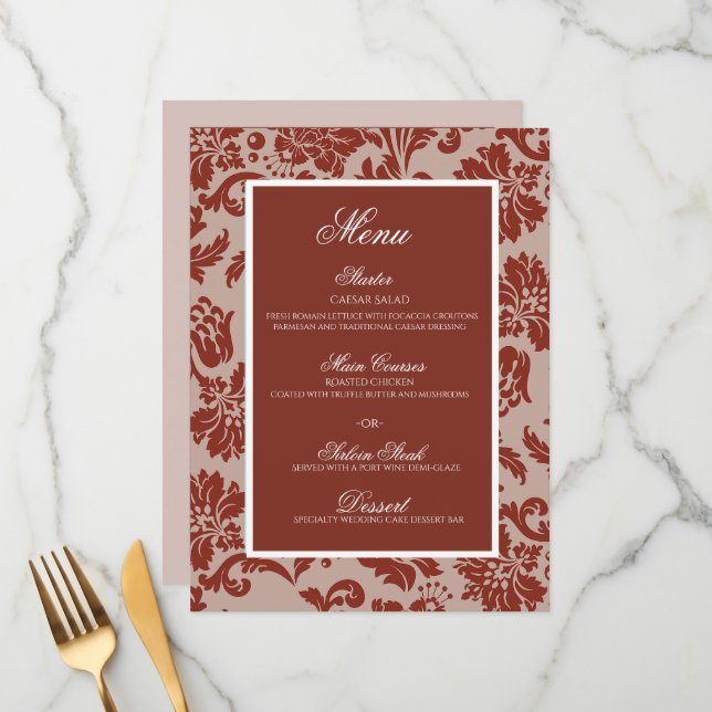 Copper rust damask wedding flat menu (Front/Back In Situ)
