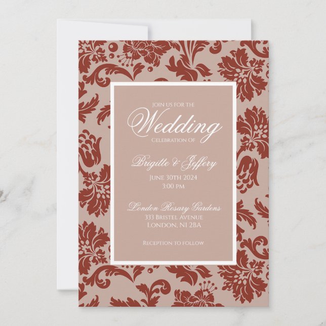 Copper rust damask wedding invitation (Front)