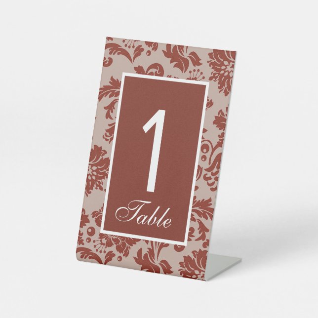 Copper rust damask wedding table number sign  (Front)