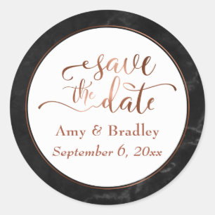 Copper Save the Date Script Over Black Marble Classic Round Sticker