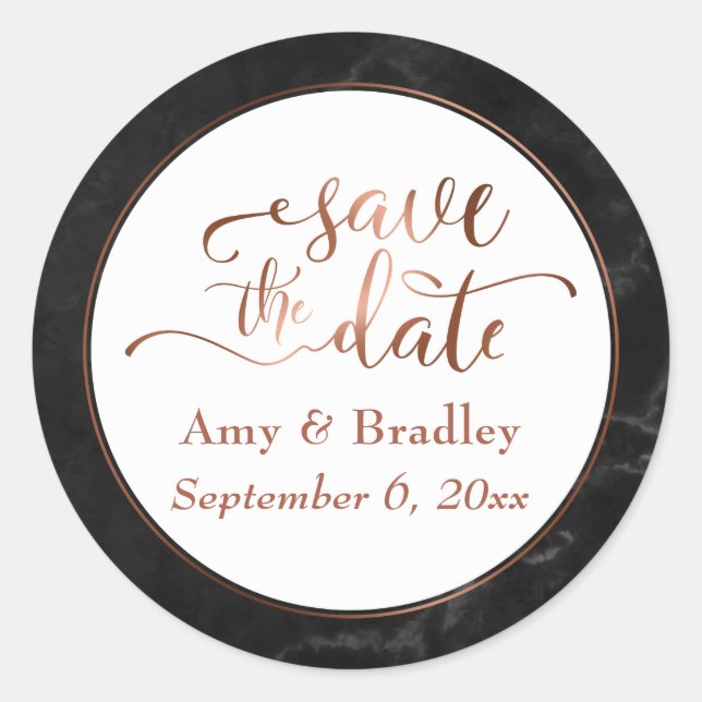 Copper Save the Date Script Over Black Marble Classic Round Sticker (Front)