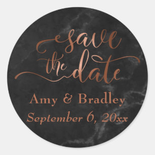 Copper Save the Date Script Over Black Marble Classic Round Sticker