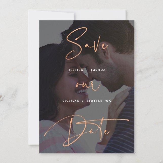 Copper Script Vellum Look Photo Save the Date Invitation (Front)
