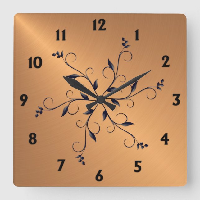 Copper Shine Black  Numbers and Accents Square Wall Clock (Front)