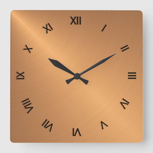 Copper Shine Black Roman Numerals Square Wall Clock (Front)