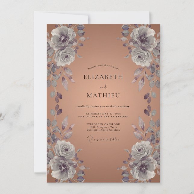 Copper Silver Ranunculus Eucalyptus Wedding Invitation (Front)