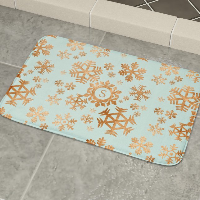 Copper Snowflake Monogram Robin Egg Blue Bath Mat (Creator Uploaded)