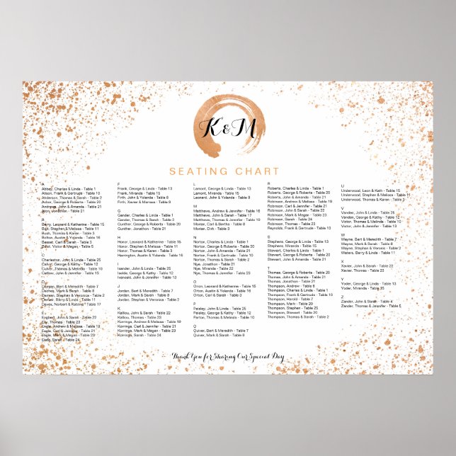 Copper Spray Wedding Seating Chart A-Z by name (Front)