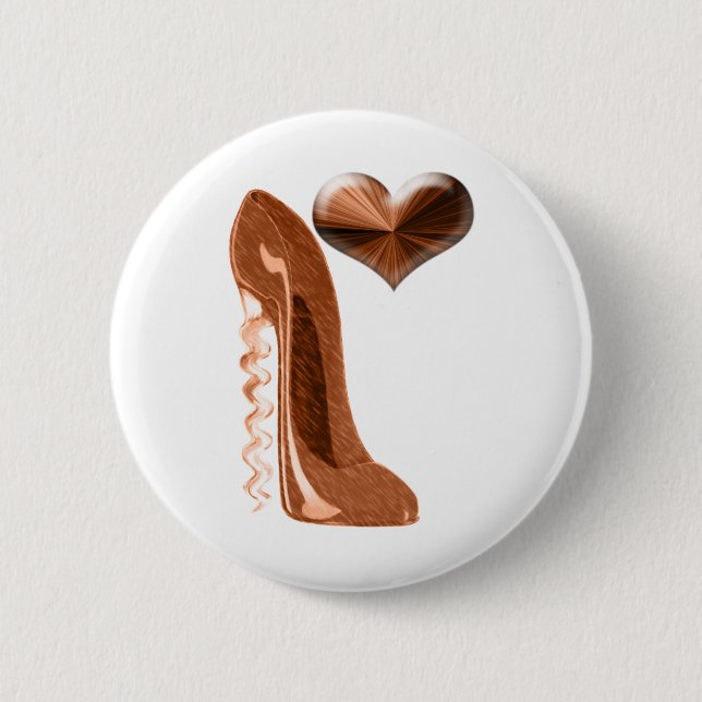 Copper Stiletto High Heel Shoe and 3D Heart 2 Inch Round Button (Front)