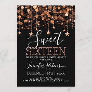 Copper Sweet 16 Birthday Sparkly String Lights Invitation
