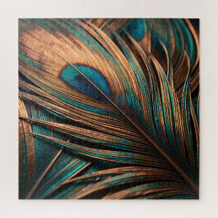 Copper Teal Peacock Feather Macro Luxury Jigsaw Puzzle