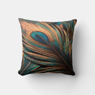 Copper Teal Peacock Feather Macro Luxury Throw Pillow