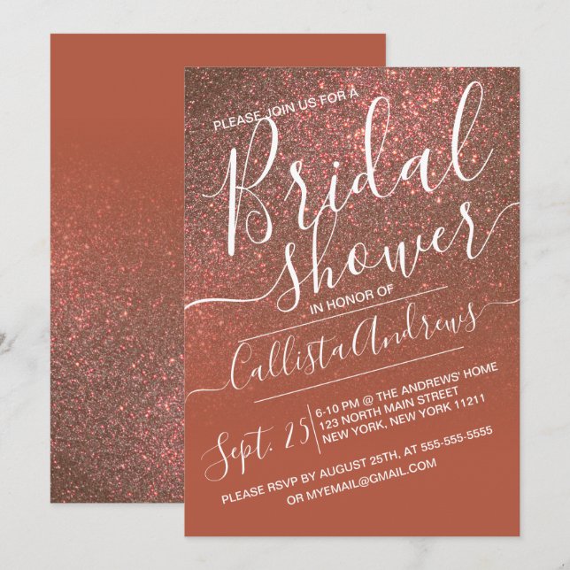 Copper Terracotta Glitter Ombre Bridal Shower Invitation (Front/Back)